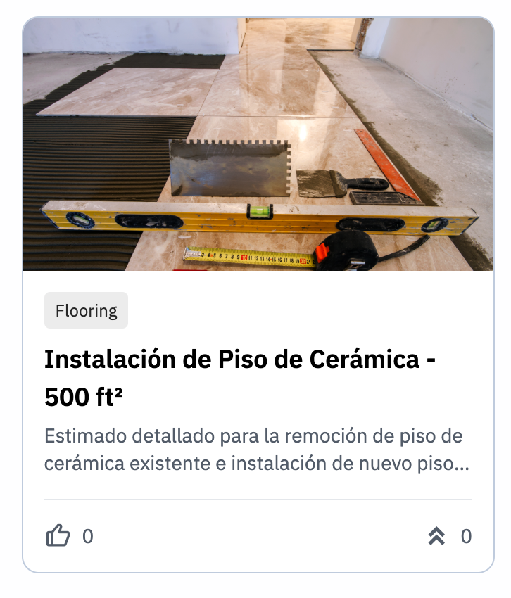 Presupuesto detallado para instalación de cerámica en pisos interiores, con desglose de materiales, mano de obra y preparación del área.
