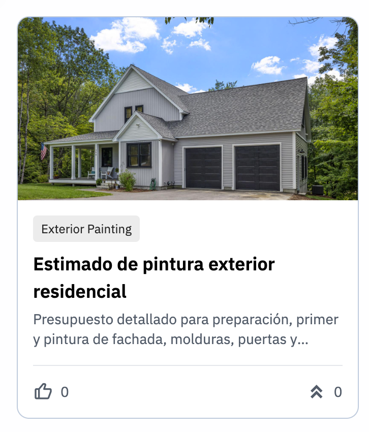 Estimado detallado para pintura exterior de casa residencial en EE. UU., con desglose por superficie, materiales, mano de obra y preparación.